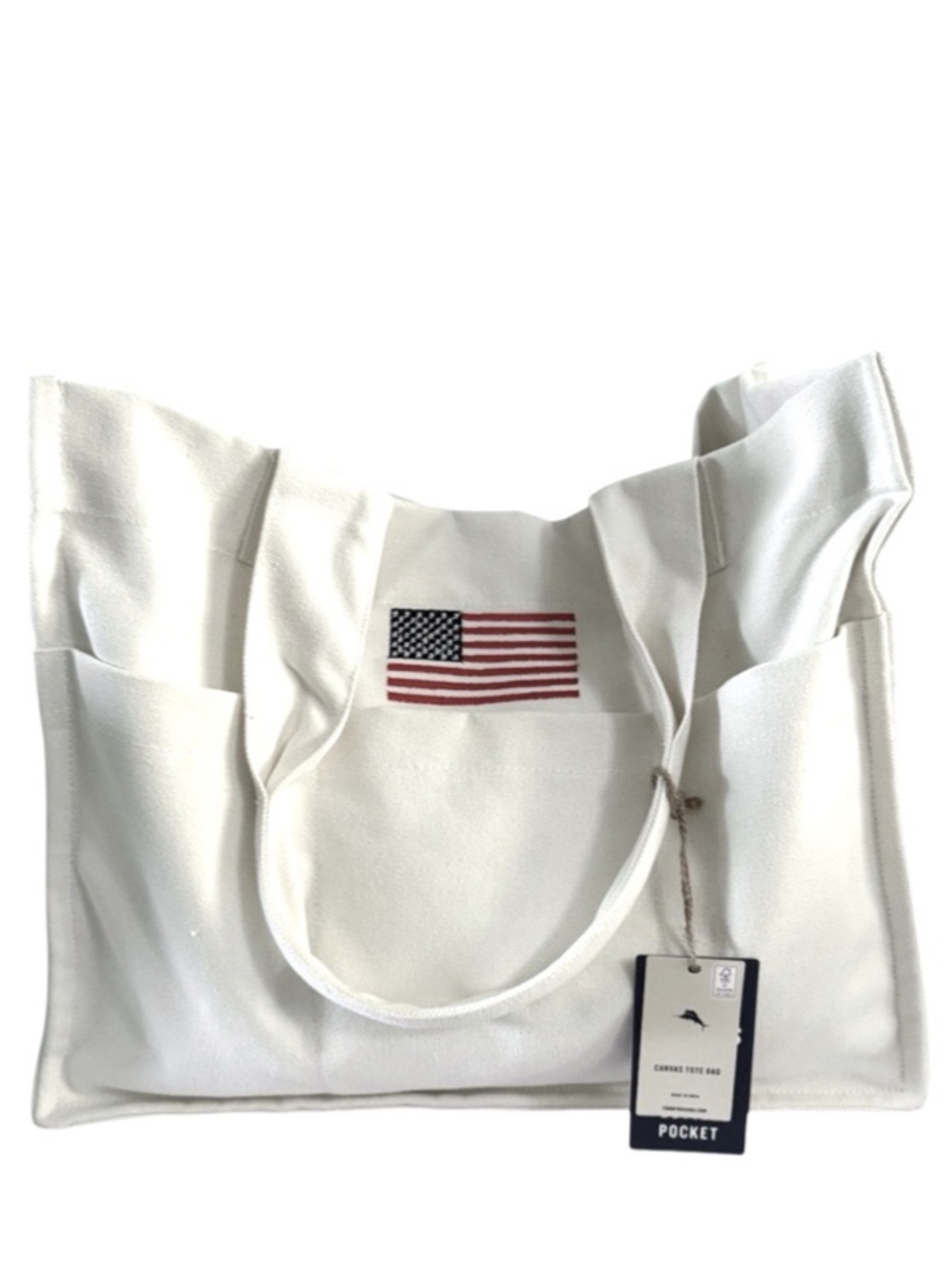 Tommy Bahama Canvas Tote Beach Bag Embroidered Flag Multiple Pockets Off White